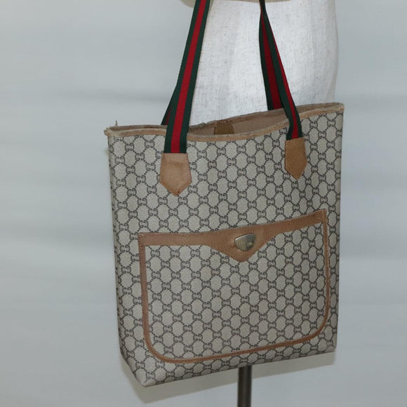 GUCCI GG Plus Supreme Web Sherry Line Tote Bag PVC Beige Gold Auth BA5355