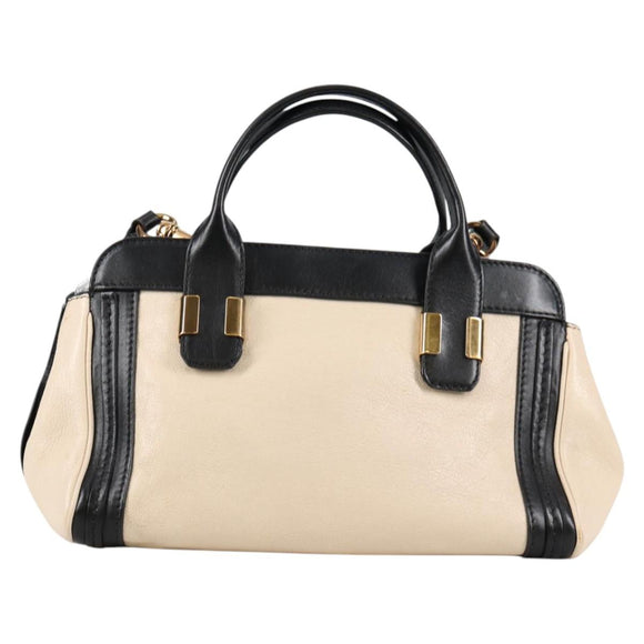 Chloe Little Alice Hand Bag Leather 2way White Gold Auth BA5358V