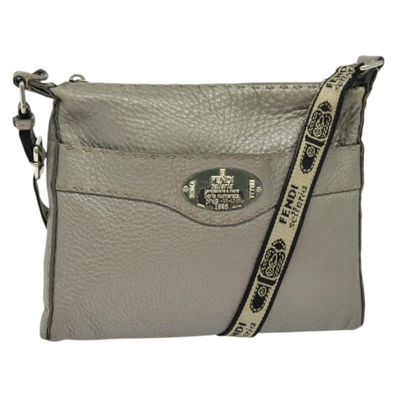 FENDI Celeria Shoulder Bag Leather Silver Auth BA5363