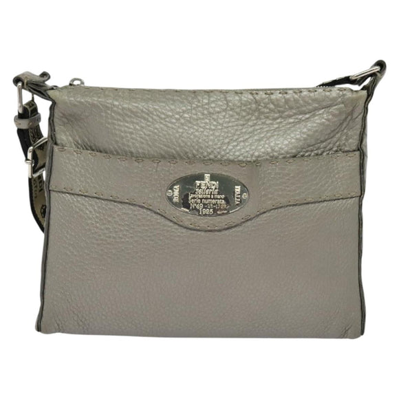 FENDI Celeria Shoulder Bag Leather Silver Auth BA5363