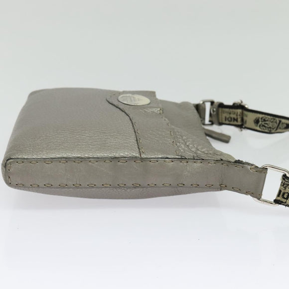 FENDI Celeria Shoulder Bag Leather Silver Auth BA5363