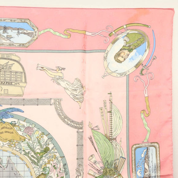 HERMES Carre 90 Scarf ""ORBIS AUSTRALIS DULCES EXUVIAE"" Silk Pink Auth BA5385