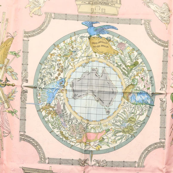 HERMES Carre 90 Scarf ""ORBIS AUSTRALIS DULCES EXUVIAE"" Silk Pink Auth BA5385