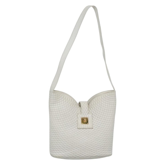 BALLY Quilted Shoulder Bag Leather White Gold Auth BA5391
