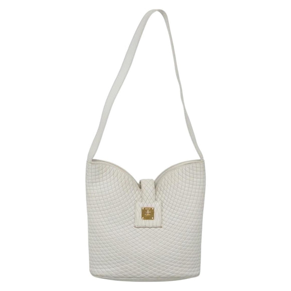 BALLY Quilted Shoulder Bag Leather White Gold Auth BA5391
