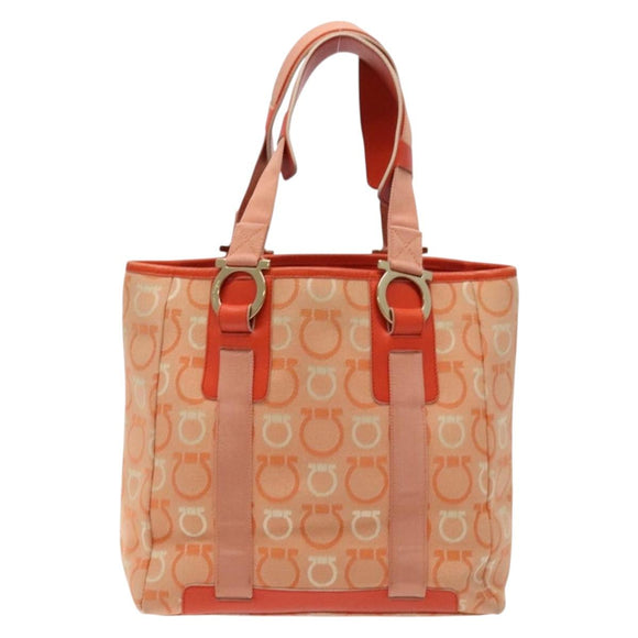 Salvatore Ferragamo Gancini Tote Bag Canvas Orange Gold Auth BA5410