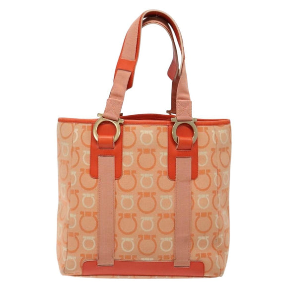 Salvatore Ferragamo Gancini Tote Bag Canvas Orange Gold Auth BA5410