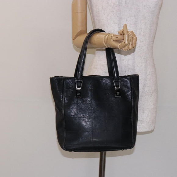 CHANEL Choco Bar COCO Mark Hand Bag Canvas Black Silver CC Auth BA5420