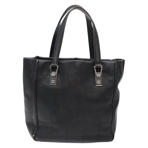 CHANEL Choco Bar COCO Mark Hand Bag Canvas Black Silver CC Auth BA5420