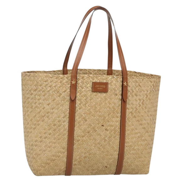 Jimmy Choo Studs Tote Bag Straw Beige Auth BA5421