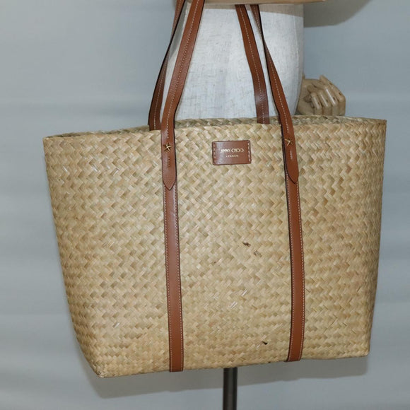 Jimmy Choo Studs Tote Bag Straw Beige Auth BA5421