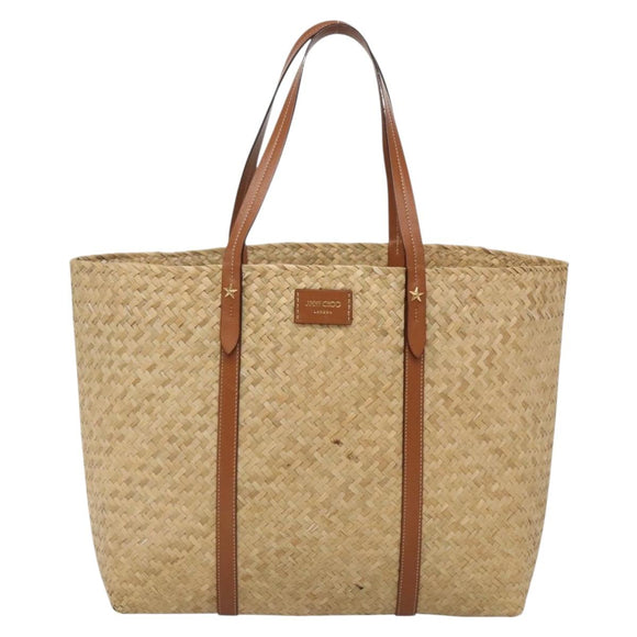 Jimmy Choo Studs Tote Bag Straw Beige Auth BA5421