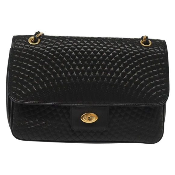 BALLY Quilted Chain Shoulder Bag Leather Black Gold Auth BA5432