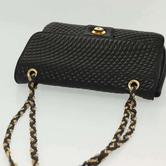 BALLY Quilted Chain Shoulder Bag Leather Black Gold Auth BA5432