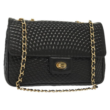 BALLY Quilted Chain Shoulder Bag Leather Black Gold Auth BA5433