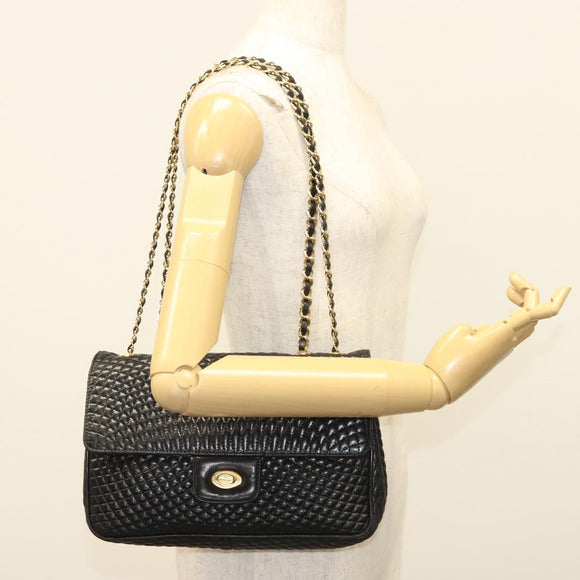 BALLY Quilted Chain Shoulder Bag Leather Black Gold Auth BA5433