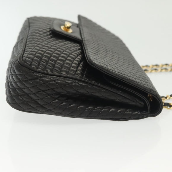 BALLY Quilted Chain Shoulder Bag Leather Black Gold Auth BA5433