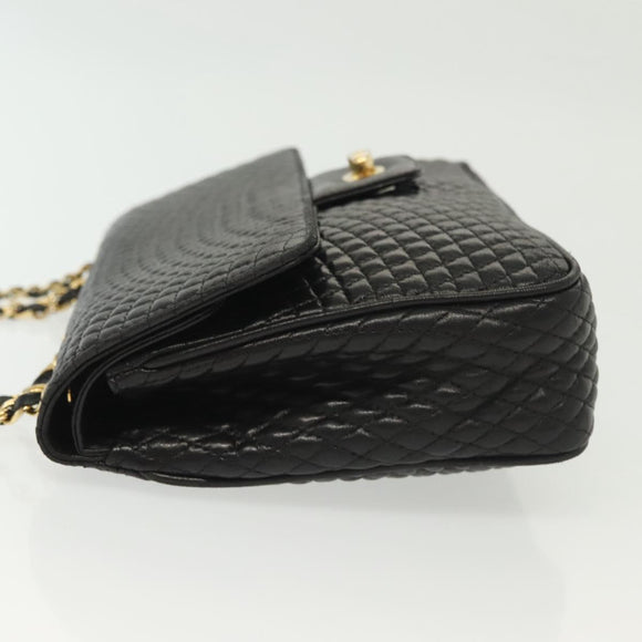 BALLY Quilted Chain Shoulder Bag Leather Black Gold Auth BA5433