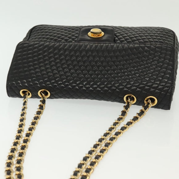 BALLY Quilted Chain Shoulder Bag Leather Black Gold Auth BA5433