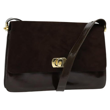 BALLY Shoulder Bag Suede Dark Brown Gold Auth BA5436