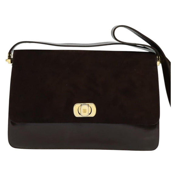 BALLY Shoulder Bag Suede Dark Brown Gold Auth BA5436