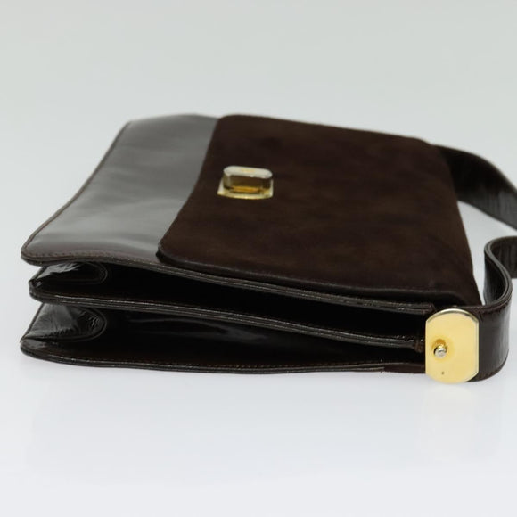BALLY Shoulder Bag Suede Dark Brown Gold Auth BA5436