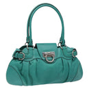 Salvatore Ferragamo Gancini Bag Leather Silver Emerald Green Auth BA5445-1