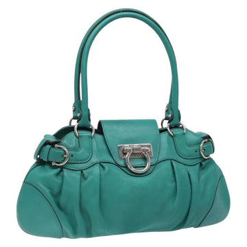 Salvatore Ferragamo Gancini Bag Leather Silver Emerald Green Auth BA5445