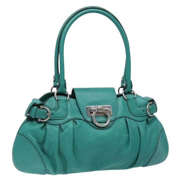 Salvatore Ferragamo Gancini Bag Leather Silver Emerald Green Auth BA5445