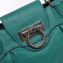 Salvatore Ferragamo Gancini Bag Leather Silver Emerald Green Auth BA5445-14