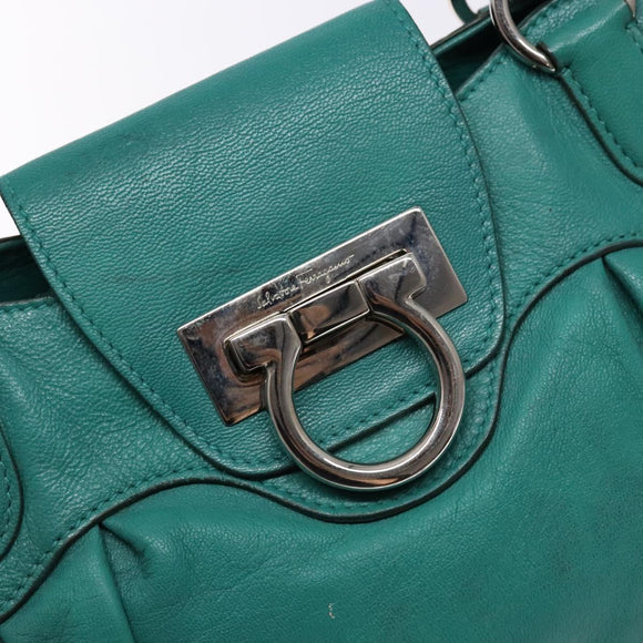 Salvatore Ferragamo Gancini Bag Leather Silver Emerald Green Auth BA5445