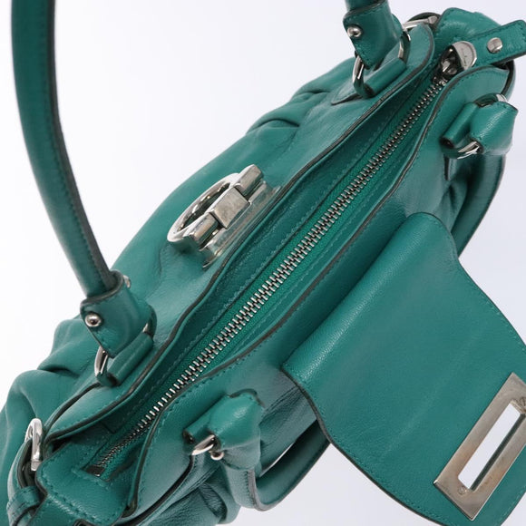 Salvatore Ferragamo Gancini Bag Leather Silver Emerald Green Auth BA5445