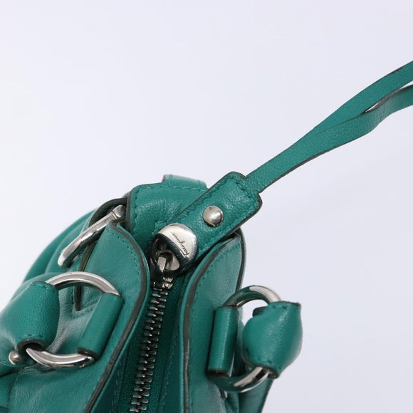 Salvatore Ferragamo Gancini Bag Leather Silver Emerald Green Auth BA5445