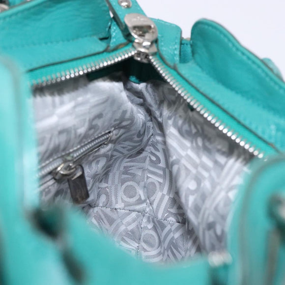 Salvatore Ferragamo Gancini Bag Leather Silver Emerald Green Auth BA5445