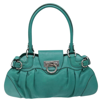 Salvatore Ferragamo Gancini Bag Leather Silver Emerald Green Auth BA5445 - 0