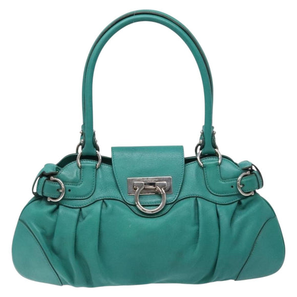Salvatore Ferragamo Gancini Bag Leather Silver Emerald Green Auth BA5445