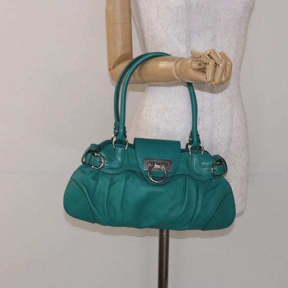 Salvatore Ferragamo Gancini Bag Leather Silver Emerald Green Auth BA5445