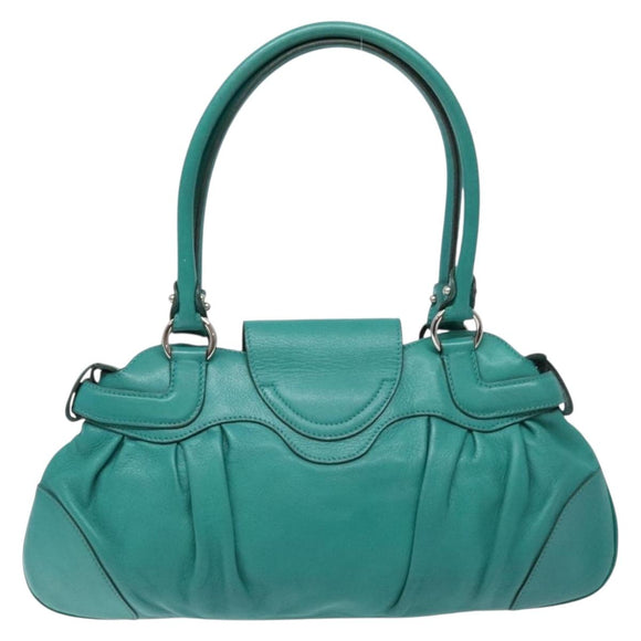 Salvatore Ferragamo Gancini Bag Leather Silver Emerald Green Auth BA5445