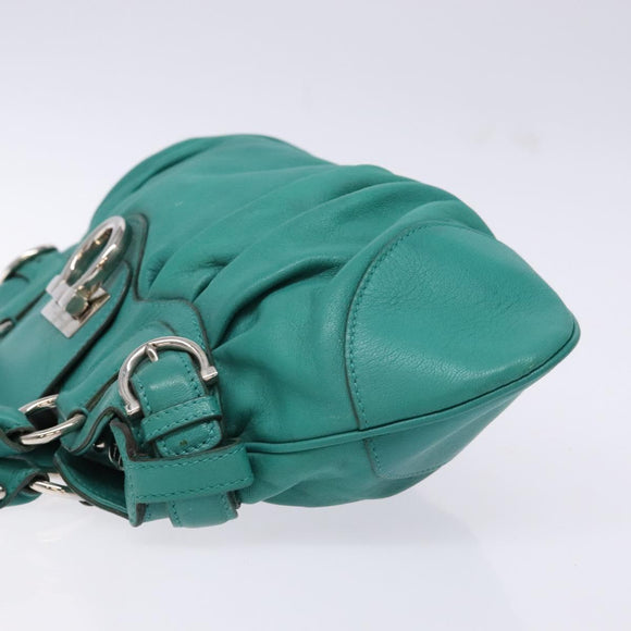 Salvatore Ferragamo Gancini Bag Leather Silver Emerald Green Auth BA5445