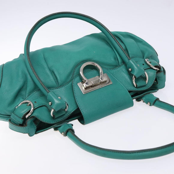 Salvatore Ferragamo Gancini Bag Leather Silver Emerald Green Auth BA5445