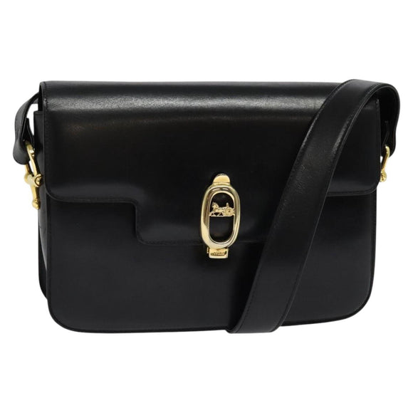 CELINE Horse Carriage Shoulder Bag Leather Black Gold Auth BA5462