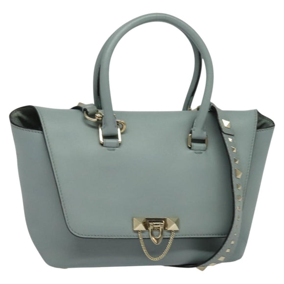 VALENTINO Hand Bag Leather 2way Light Blue Gold Auth BA5471