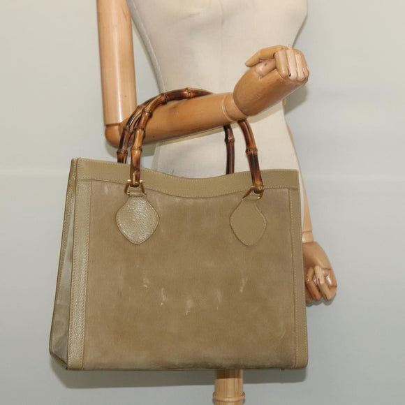 GUCCI Bamboo Hand Bag Suede Leather Green Gold 002 853 0260 Auth BA5474