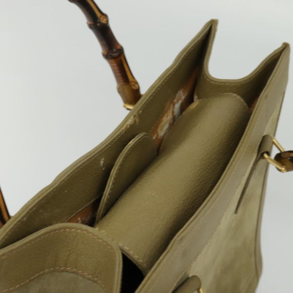 GUCCI Bamboo Hand Bag Suede Leather Green Gold 002 853 0260 Auth BA5474