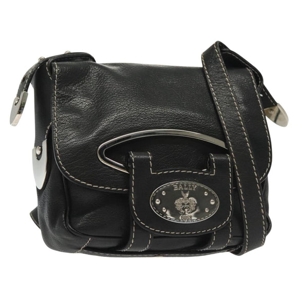 BALLY Shoulder Bag Leather Black Silver Auth BA5493