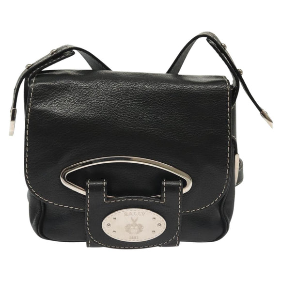 BALLY Shoulder Bag Leather Black Silver Auth BA5493