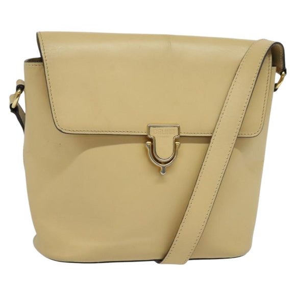 CELINE Shoulder Bag Leather Beige Gold Auth BA5496