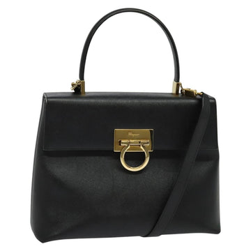 Salvatore Ferragamo Gancini Hand Bag Leather 2way Black Gold Auth BA5503