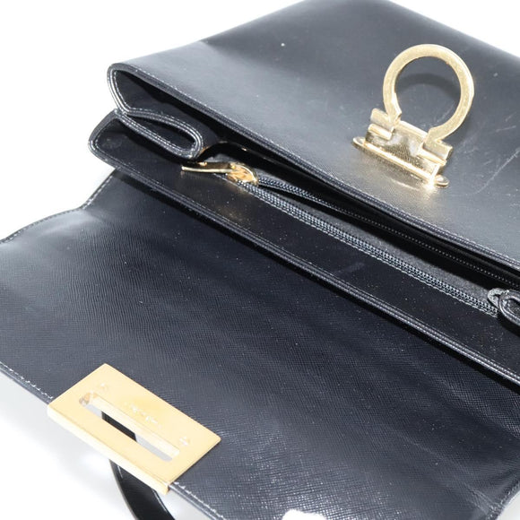 Salvatore Ferragamo Gancini Hand Bag Leather 2way Black Gold Auth BA5503