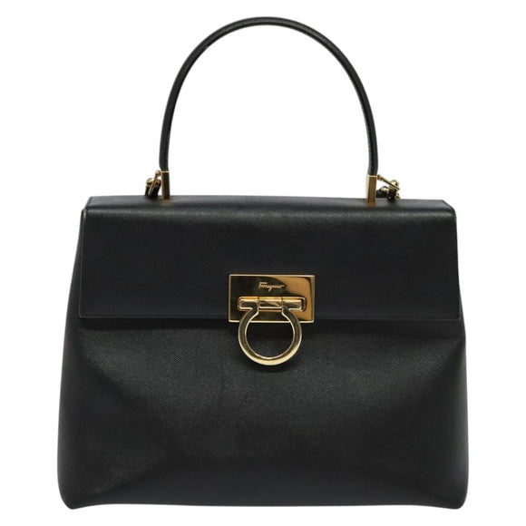 Salvatore Ferragamo Gancini Hand Bag Leather 2way Black Gold Auth BA5503